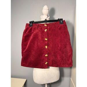 Purdy Thangz Burgundy Corduroy Button Front Mini Skirt Red High Waist Womens M